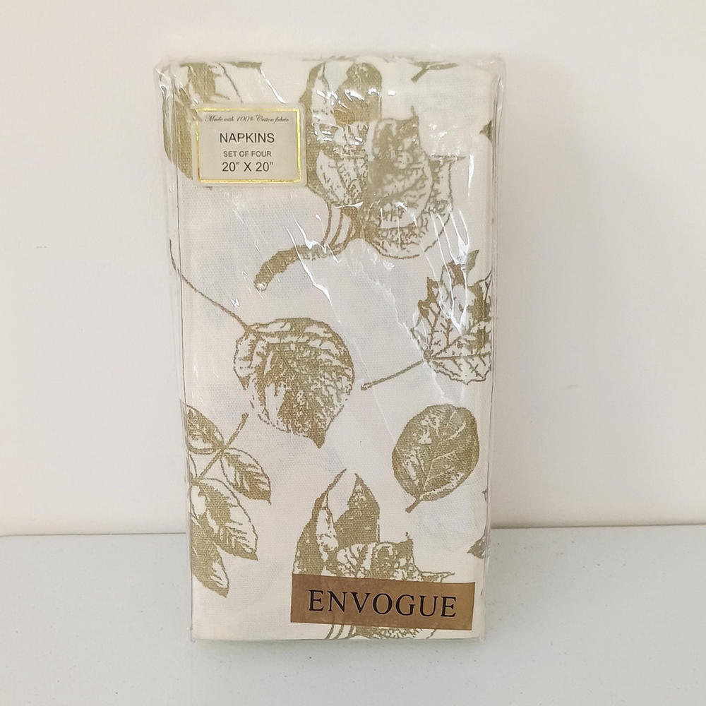 New Envogue Hamptons Collection 100% Cotton Napkins Set Of 4 Gold Leaf
